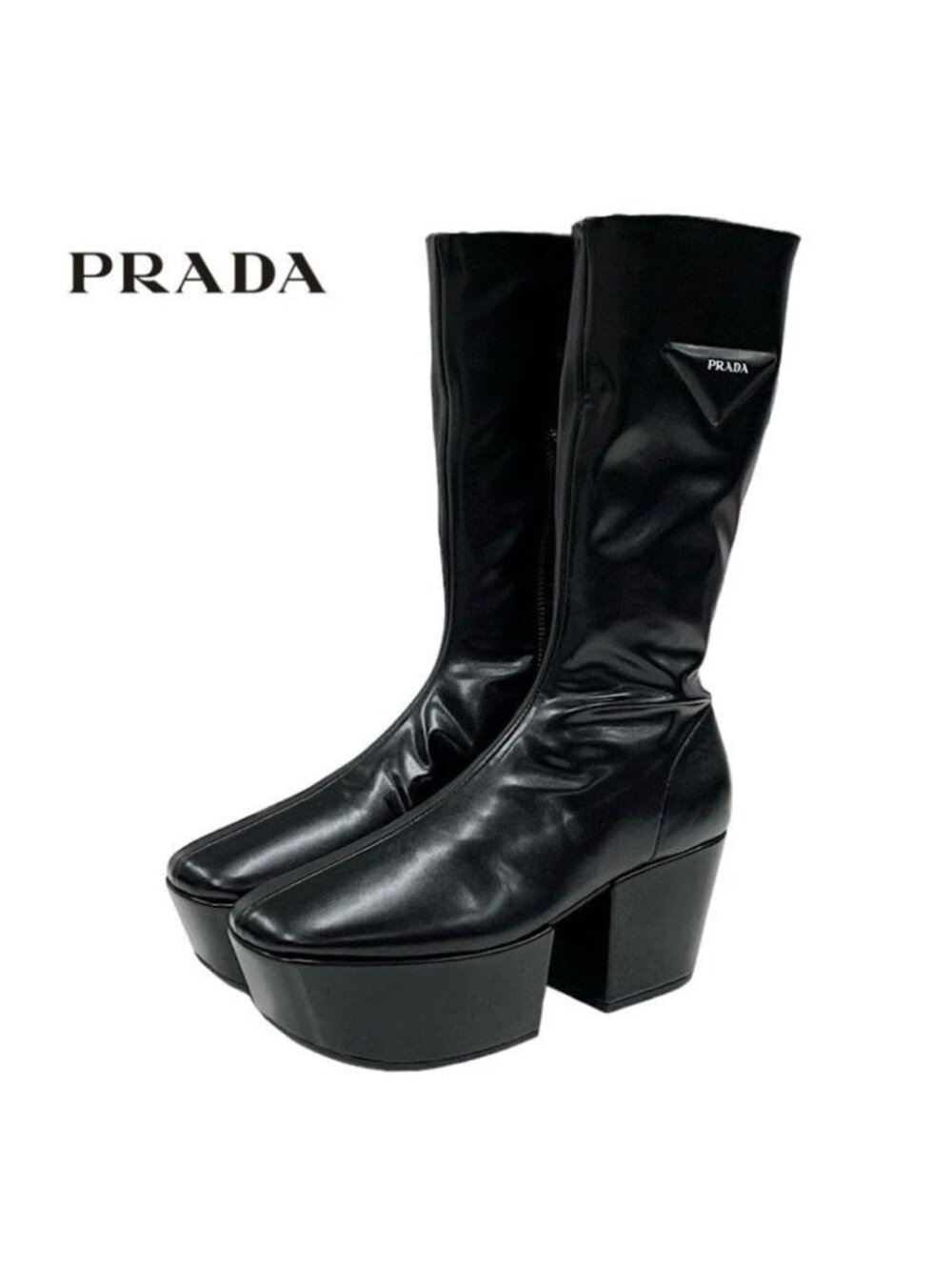 Prada Boots Long Middle Shoes Logo Platform Leather Black